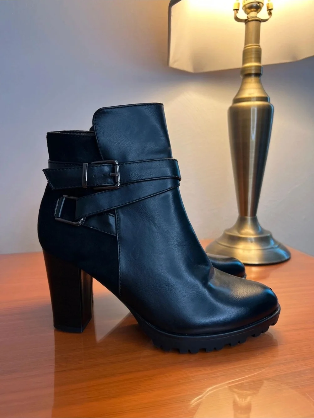 Black Women's High Heel Ankle Boot with Buckle Strap